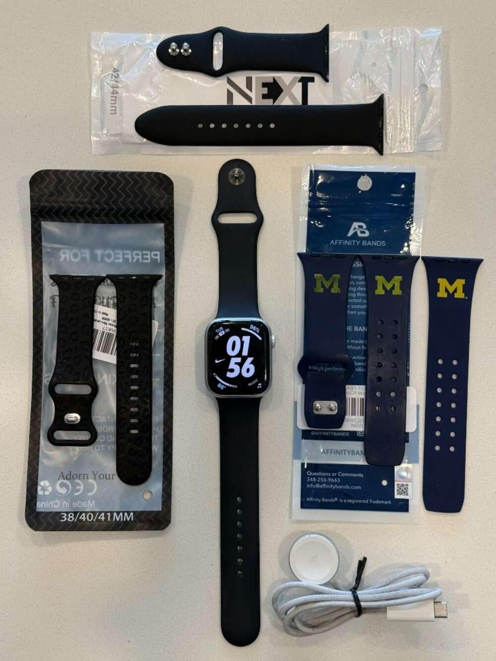 Apple Watch Series 9, Silver Case, 45mm M/L, Midnight Sport Band, 3 Bonus Bands